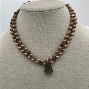 3.23.26-32 👀 Freshwater Pearl Collar Necklace + Smoky Green Teardrop Pendant